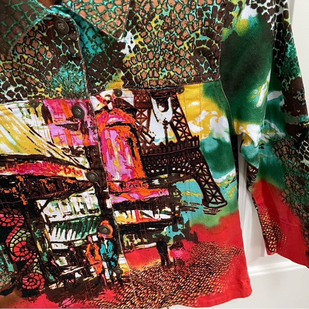 Kaktus Vintage Paris Streets Print Lightweight Denim Art to Wear Vibrant Jacket - Picture 11 of 15